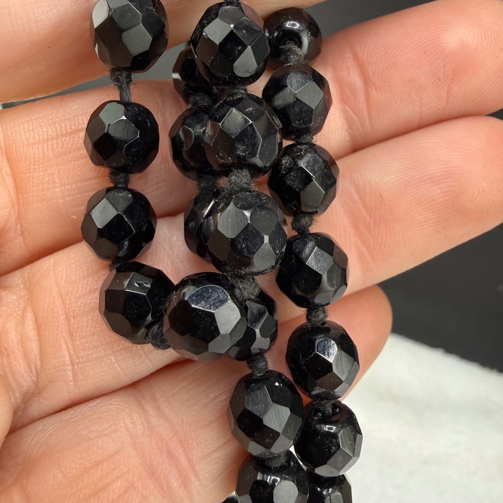 Vintage Austria Necklace Black Faceted Glass Knotted Beaded 22in